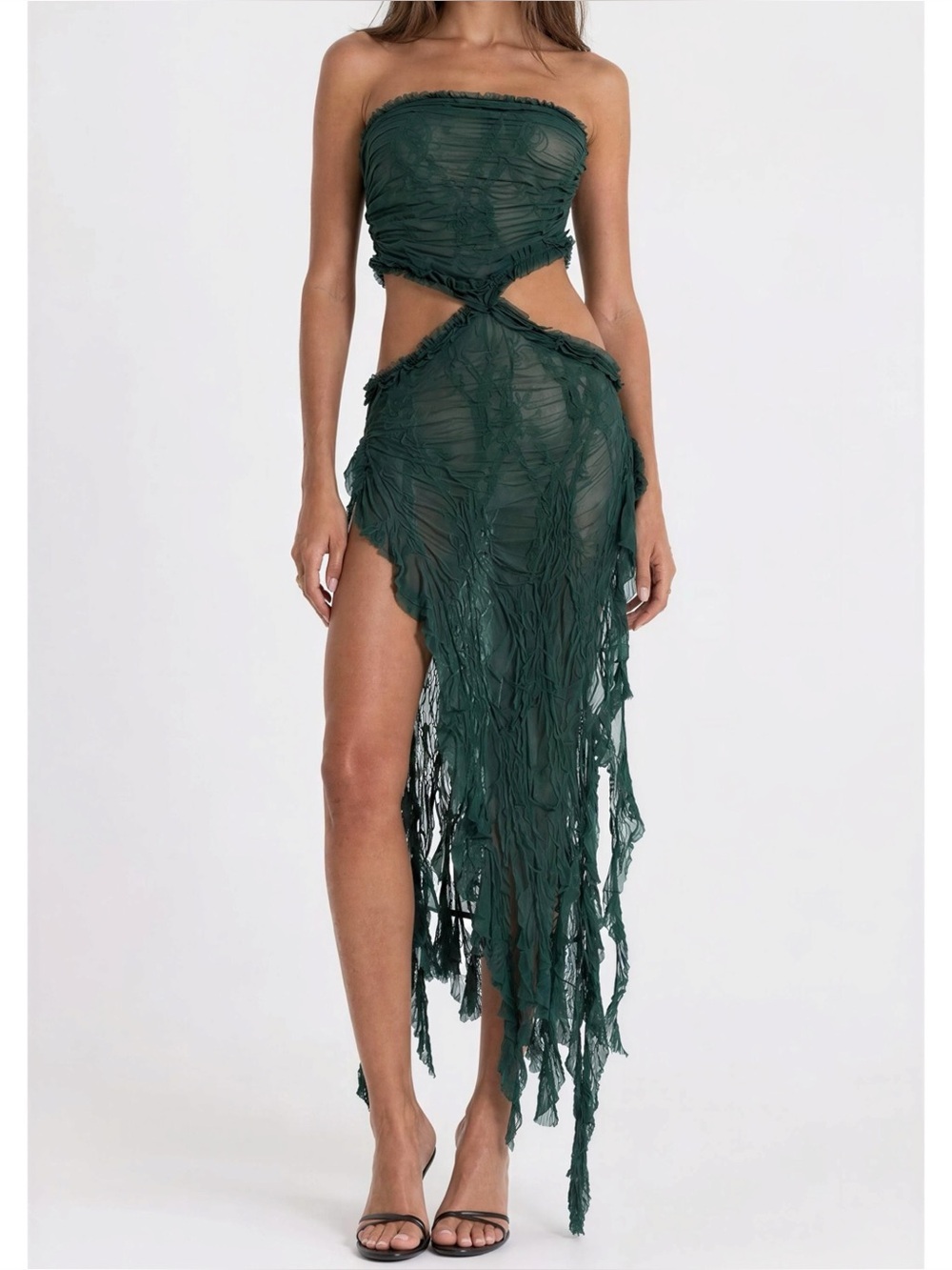 JADED LONDON Scrunch Lace Ruffle Dress, Olive, 6 (US)